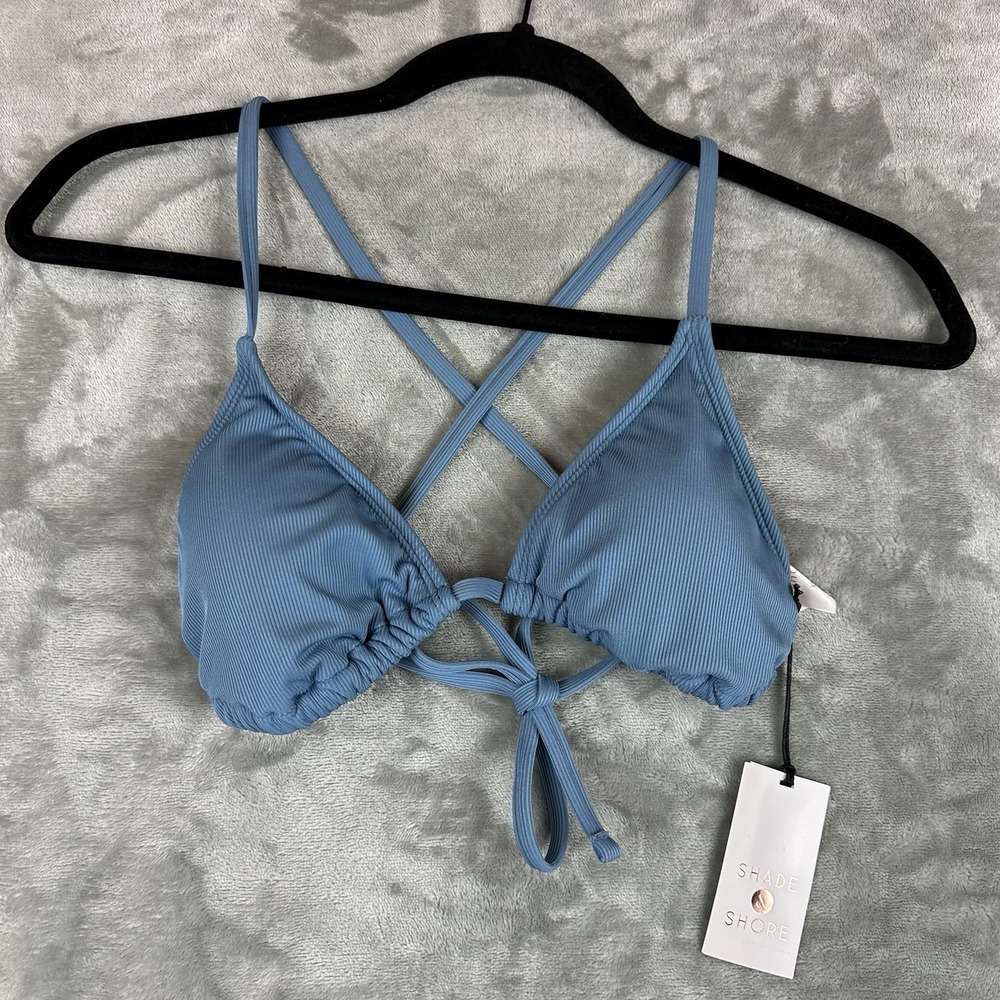 Shade & Shore Bikini Top Women's XS Blue Ribbed Triangle Crisscross NEW